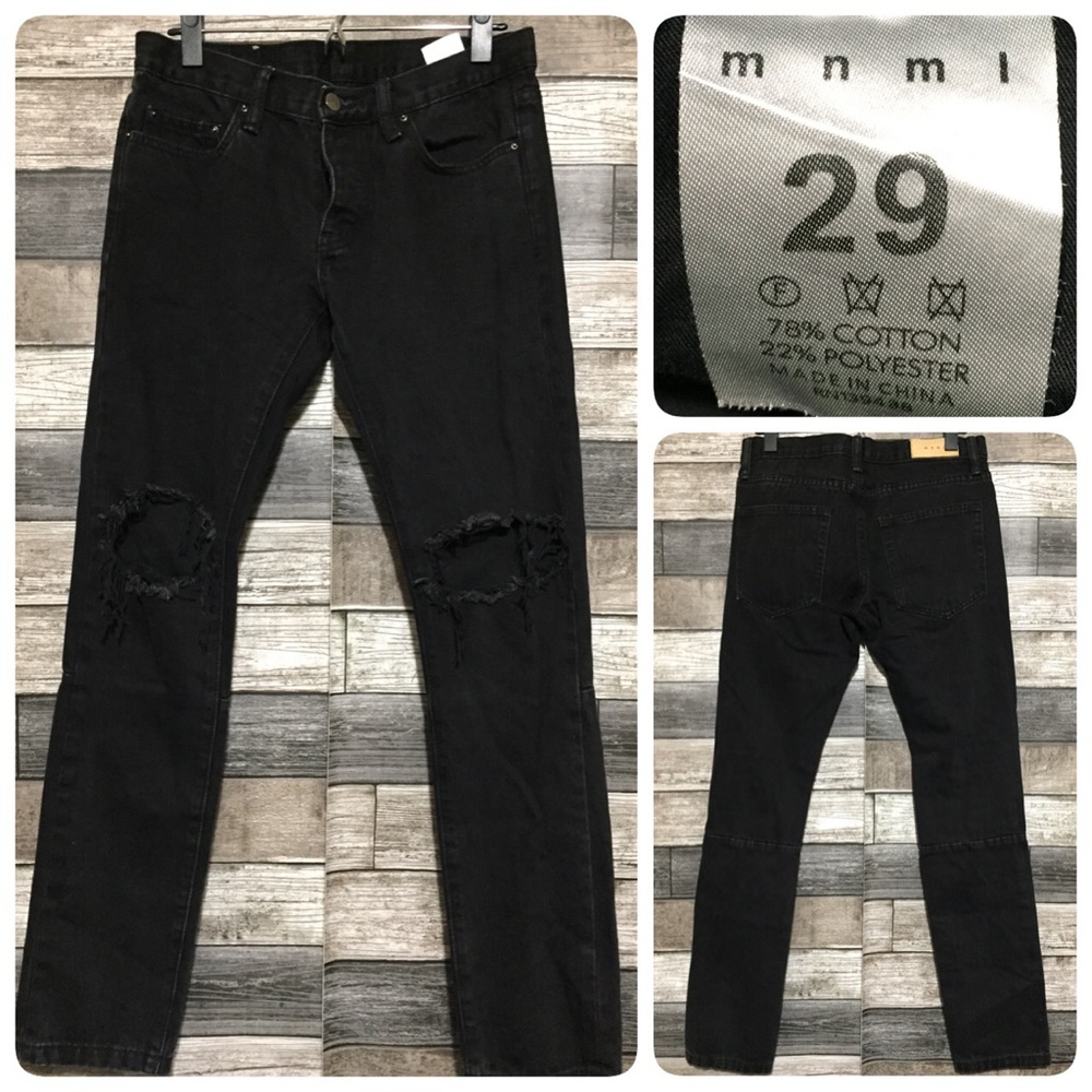 MNML Slim Skinny Jeans Men’s 29x30 Black Button Fly Distressed Ripped Knees